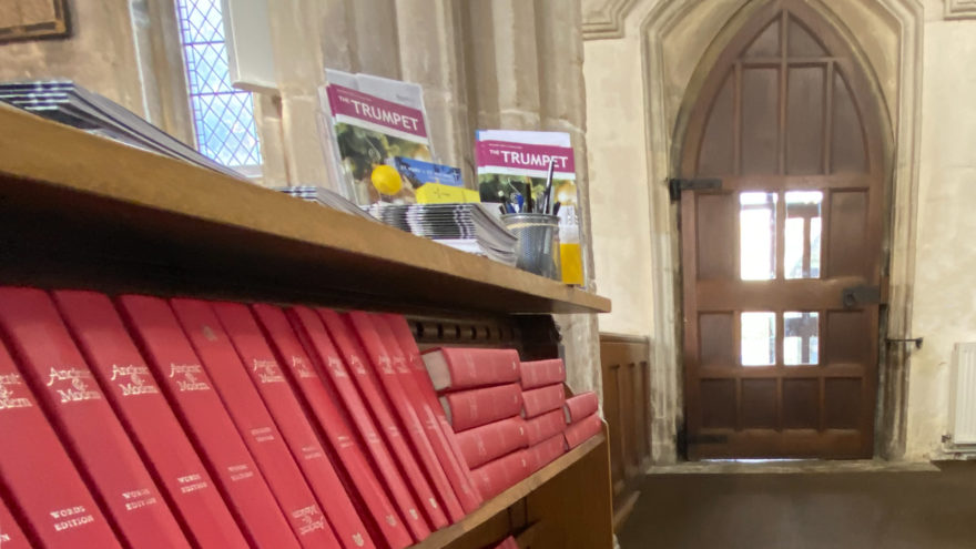 Red bibles on a shelf